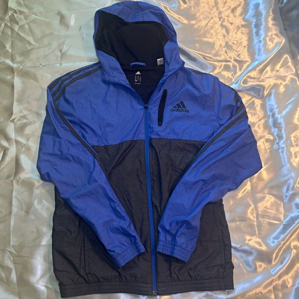 Adidas Mens Full Zip Windbreaker Jacket Blue Black Grid Texture Size S